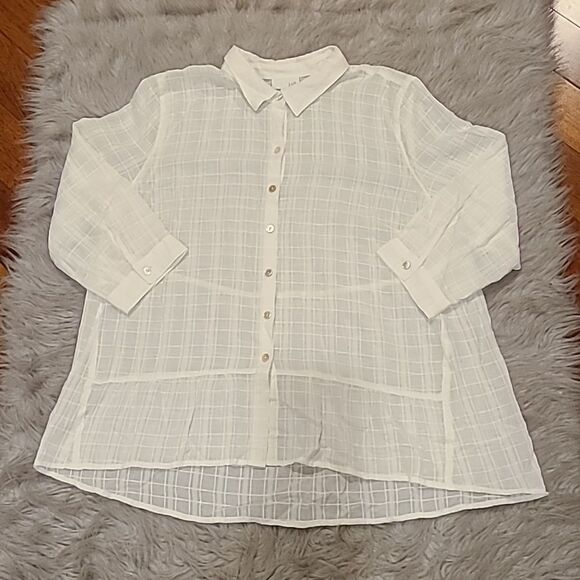 J‎ jill womens white sheer plaid button down long sleeve shirt size large petite - Picture 1 of 6